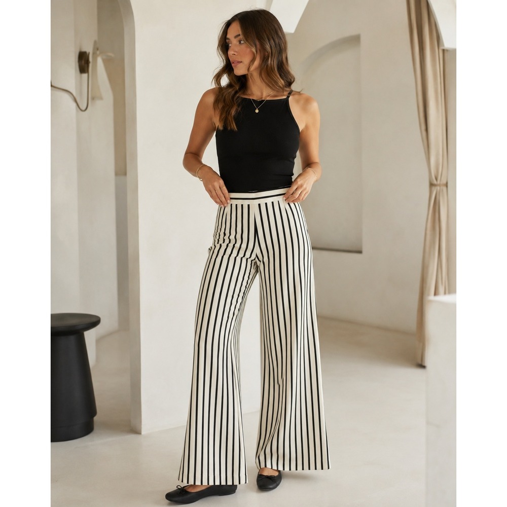 INSIGHT Wide Leg Flare Pants Stretch Striped Black White 2 Retro Trousers